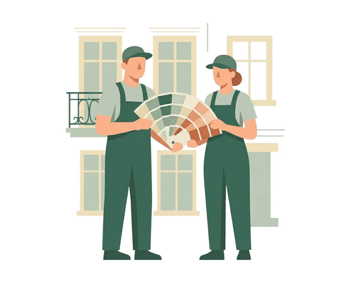 Deux artisans devant une façade haussmannienne comparant les teintes sur un nuancier