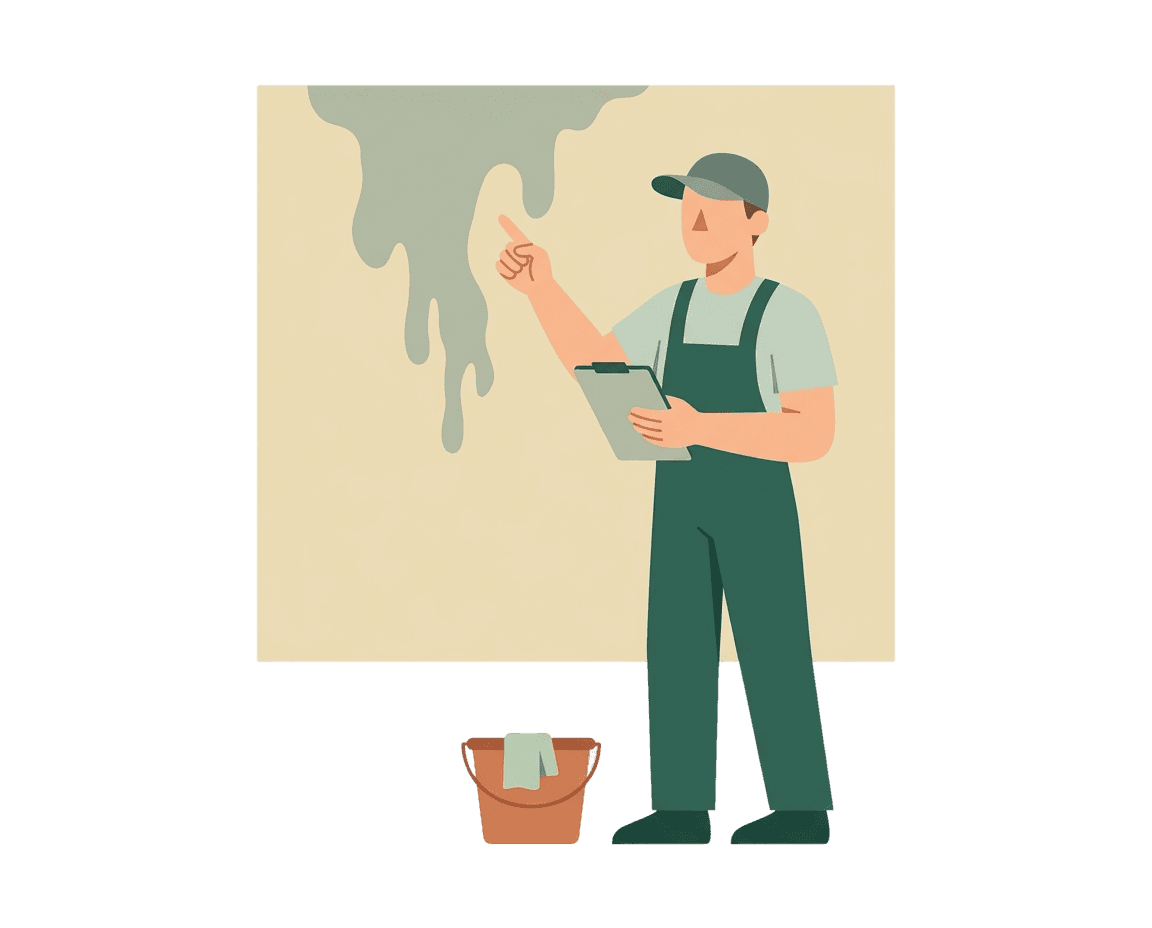 Artisan évaluant une trace d'eau sur un mur après dégât des eaux, tablette en main