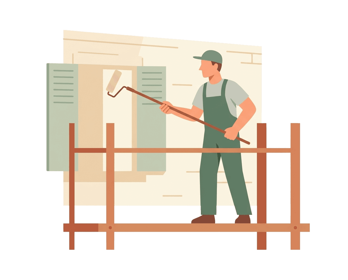 Artisan sur échafaudage peignant la façade extérieure d'un immeuble au rouleau