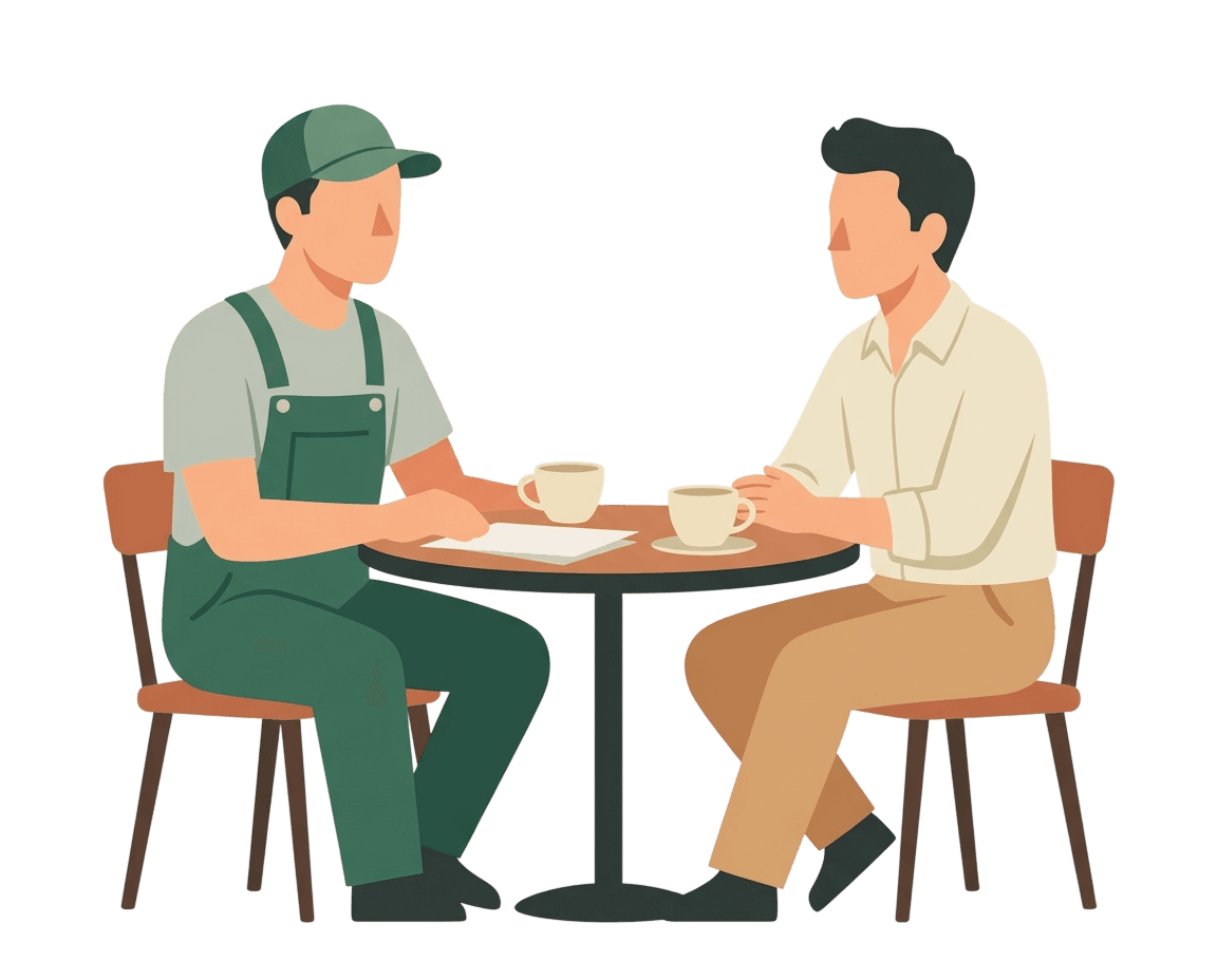 Artisan et client en discussion autour d'une petite table, ambiance conclusion de projet