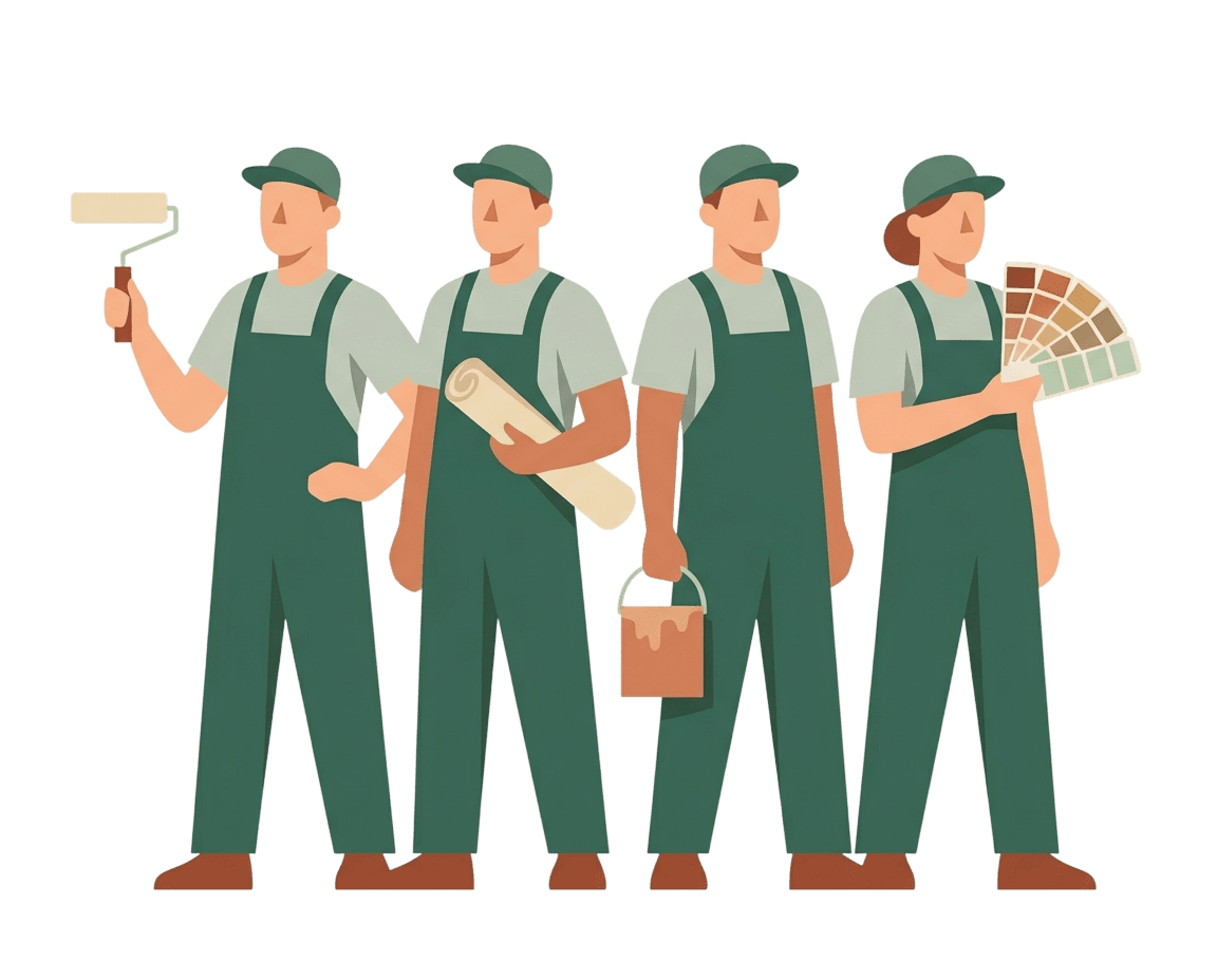 Equipe de 4 artisans Peinture Paris debout cote a cote avec leurs outils dans l'atelier