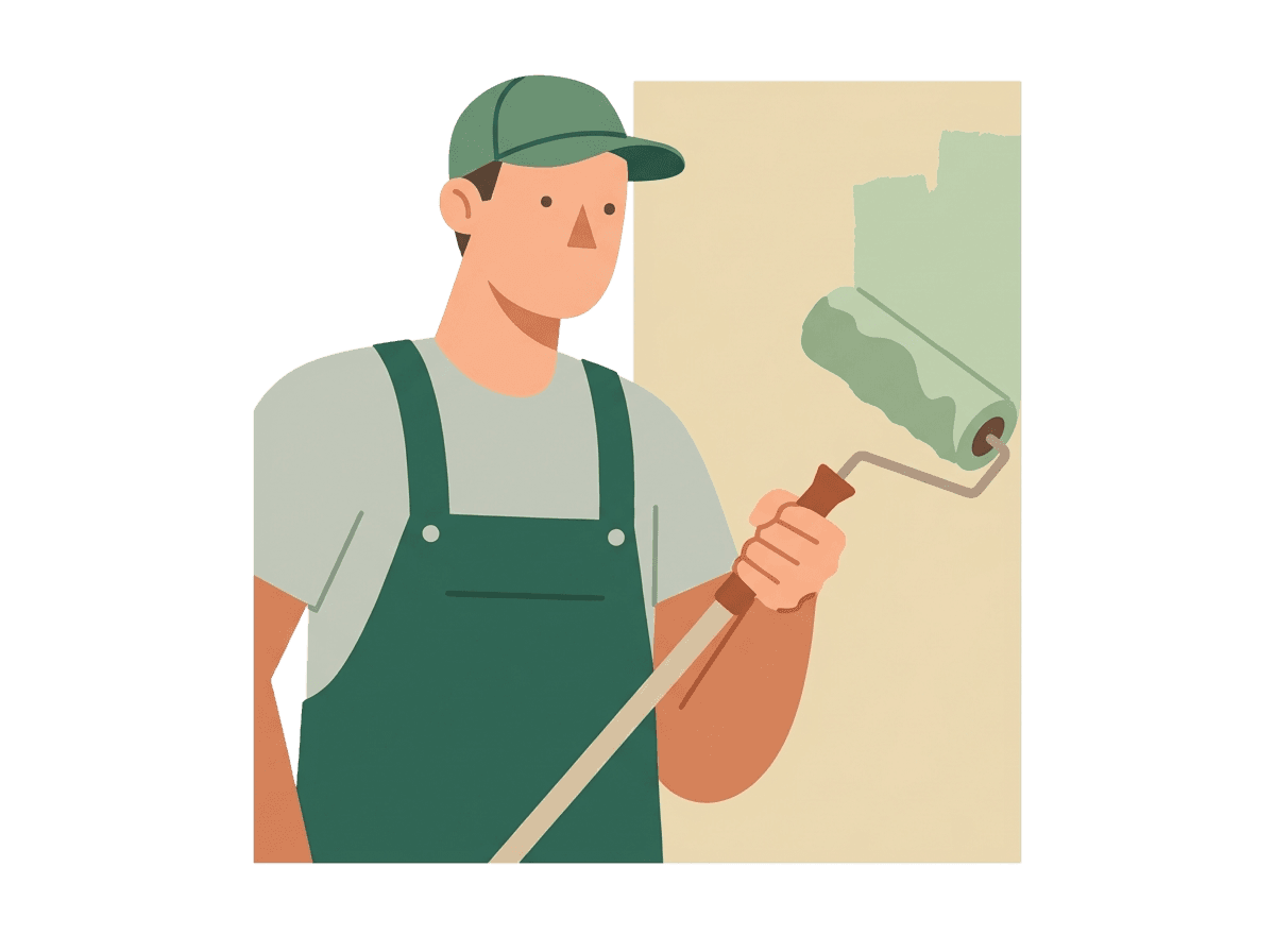 Artisan peignant un mur haussmannien au rouleau sur un escabeau terracotta