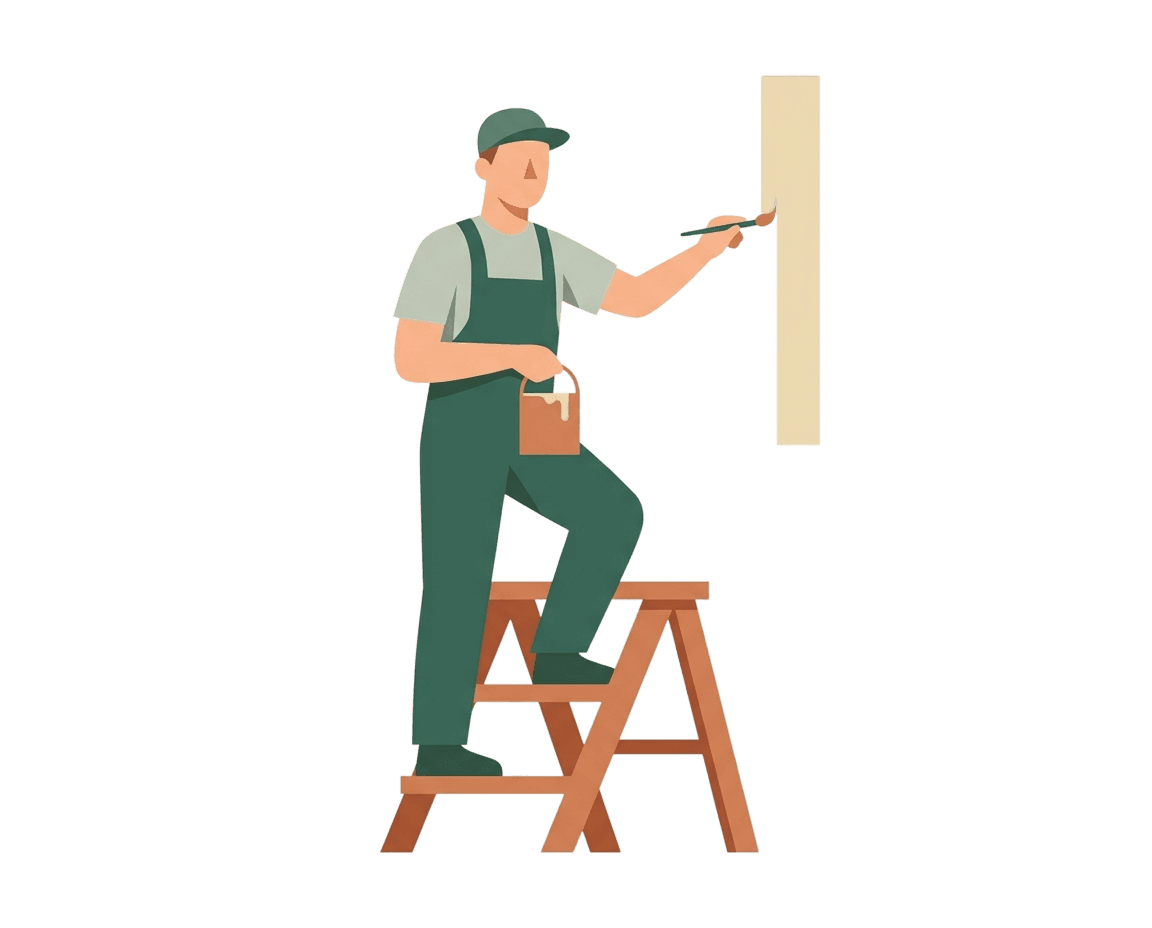 Artisan sur petit escabeau faisant une retouche de peinture au pinceau fin