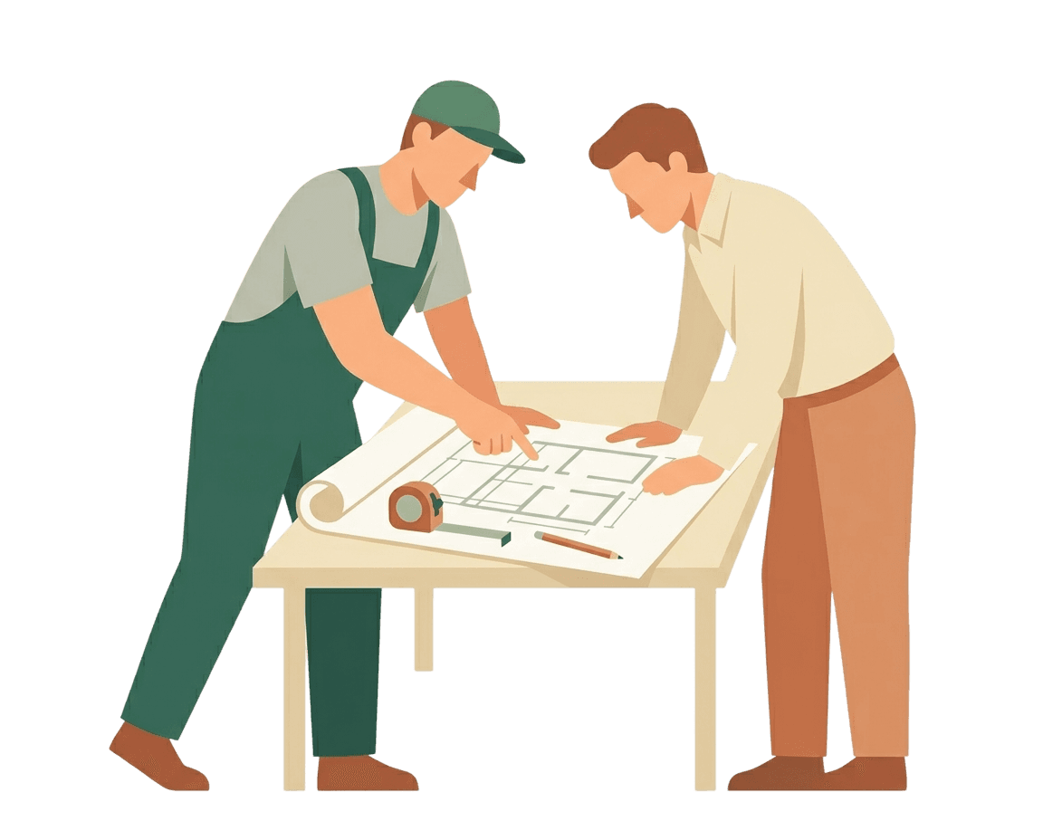 Artisan et client penchés sur un plan architectural, consultation de rénovation
